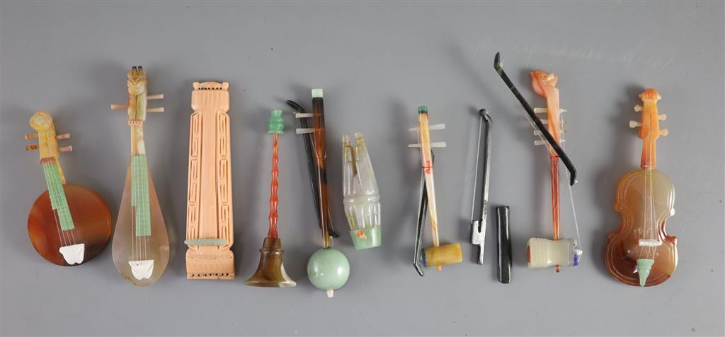 A group of Chinese hardstone models of musical instruments, tallest 13cm